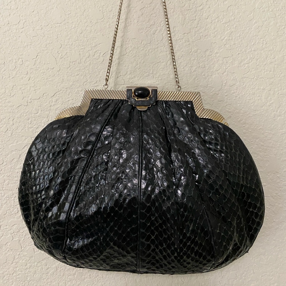 Judith Leiber Black Snakeskin Clutch with Gold Accents